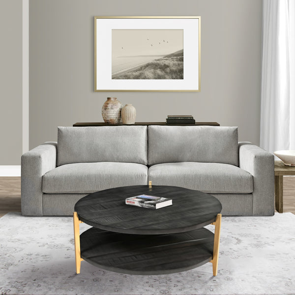 Tali 37 Inch Handcrafted Round Coffee Table, 2 Tier, Charcoal Gray Acacia Wood, Sleek Gold Metal Legs - UPT-272890