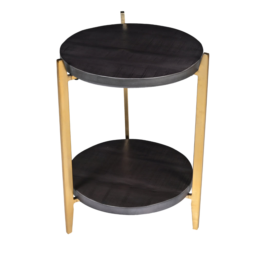 Tali 16 Inch Handcrafted Round Side End Table, 2 Tier, Charcoal Gray Acacia Wood, Sleek Gold Metal Legs - UPT-272891