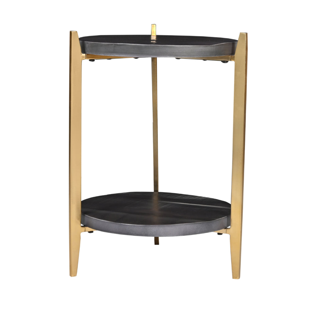 Tali 16 Inch Handcrafted Round Side End Table, 2 Tier, Charcoal Gray Acacia Wood, Sleek Gold Metal Legs - UPT-272891