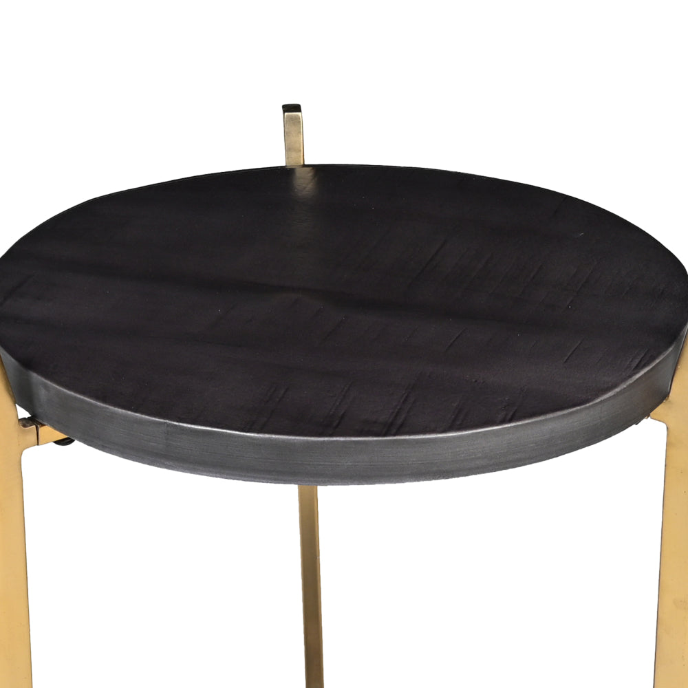 Tali 16 Inch Handcrafted Round Side End Table, 2 Tier, Charcoal Gray Acacia Wood, Sleek Gold Metal Legs - UPT-272891