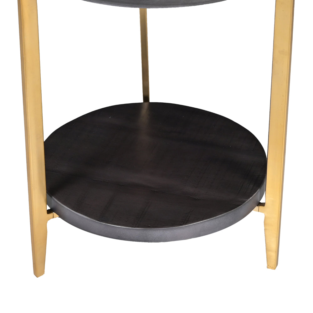 Tali 16 Inch Handcrafted Round Side End Table, 2 Tier, Charcoal Gray Acacia Wood, Sleek Gold Metal Legs - UPT-272891