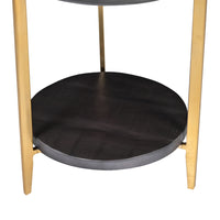 Tali 16 Inch Handcrafted Round Side End Table, 2 Tier, Charcoal Gray Acacia Wood, Sleek Gold Metal Legs - UPT-272891