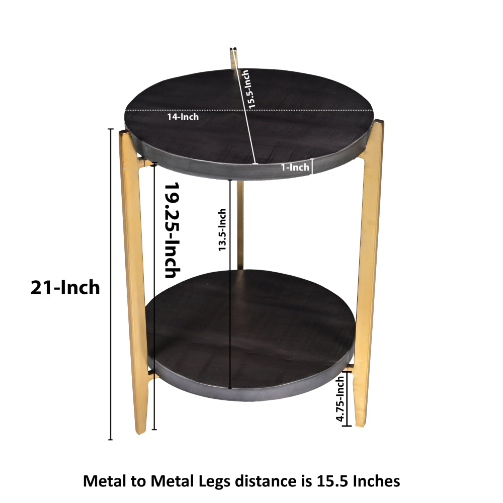 Tali 16 Inch Handcrafted Round Side End Table, 2 Tier, Charcoal Gray Acacia Wood, Sleek Gold Metal Legs - UPT-272891