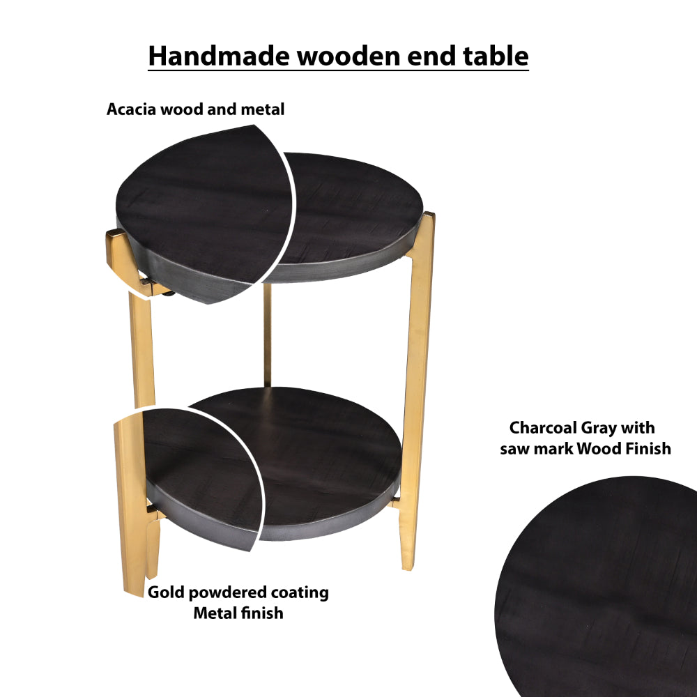 Tali 16 Inch Handcrafted Round Side End Table, 2 Tier, Charcoal Gray Acacia Wood, Sleek Gold Metal Legs - UPT-272891