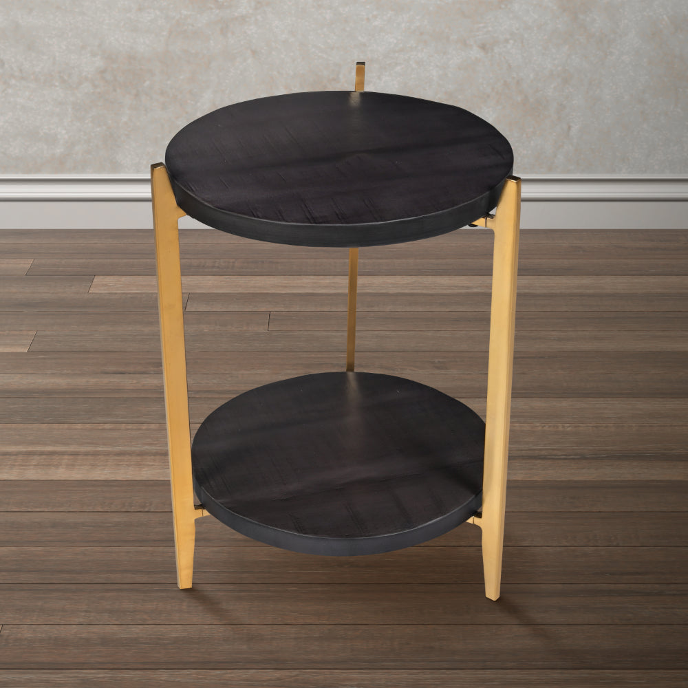 Tali 16 Inch Handcrafted Round Side End Table, 2 Tier, Charcoal Gray Acacia Wood, Sleek Gold Metal Legs - UPT-272891