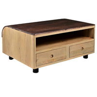 36 Inch Modern Mango Wood Coffee Table, Drip Design Walnut Brown Surface, Oak White Frame - UPT-272892