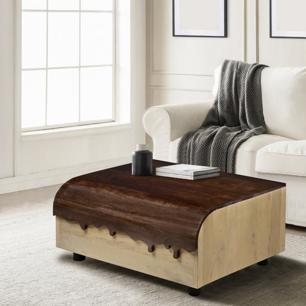 36 Inch Modern Mango Wood Coffee Table, Drip Design Walnut Brown Surface, Oak White Frame - UPT-272892