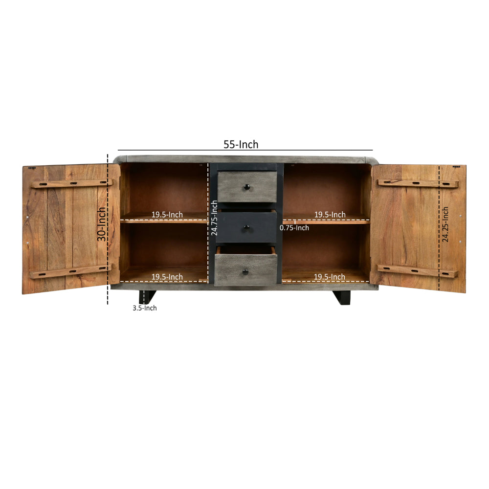 55 Inch Industrial Style Sideboard Console with 2 Cabinets, Iron Handles, Matte Gray Mango Wood - UPT-272895