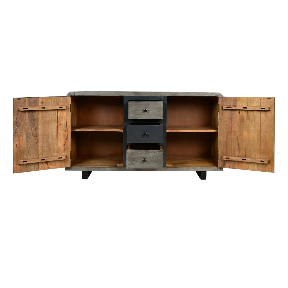 55 Inch Industrial Style Sideboard Console with 2 Cabinets, Iron Handles, Matte Gray Mango Wood - UPT-272895