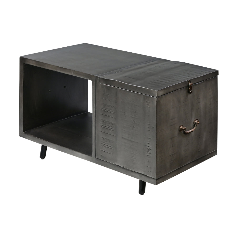 30 Inch Handcrafted Coffee Table with Hinged Lift Top Storage, Open Shelf, and Metal Legs, Charcoal Gray - UPT-272896