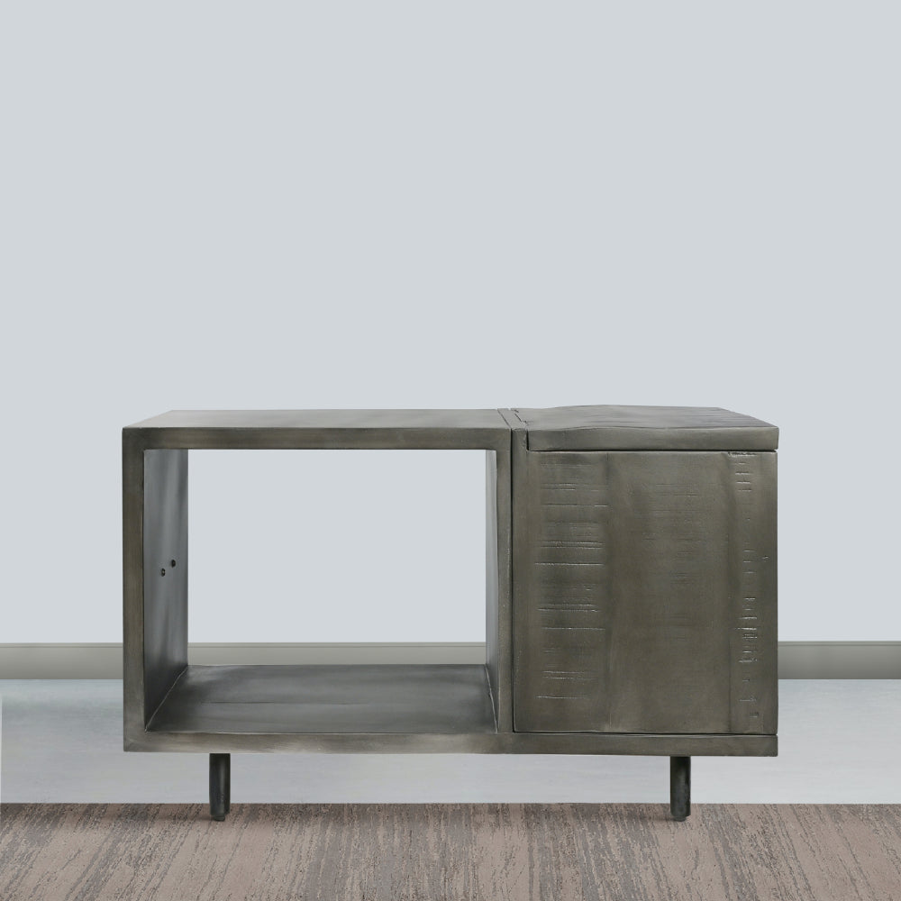 30 Inch Handcrafted Coffee Table with Hinged Lift Top Storage, Open Shelf, and Metal Legs, Charcoal Gray - UPT-272896