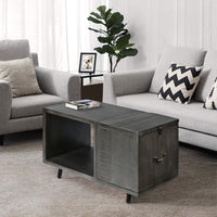 30 Inch Handcrafted Coffee Table with Hinged Lift Top Storage, Open Shelf, and Metal Legs, Charcoal Gray - UPT-272896