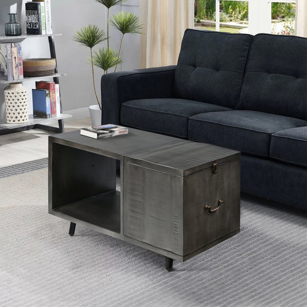 30 Inch Handcrafted Coffee Table with Hinged Lift Top Storage, Open Shelf, and Metal Legs, Charcoal Gray - UPT-272896