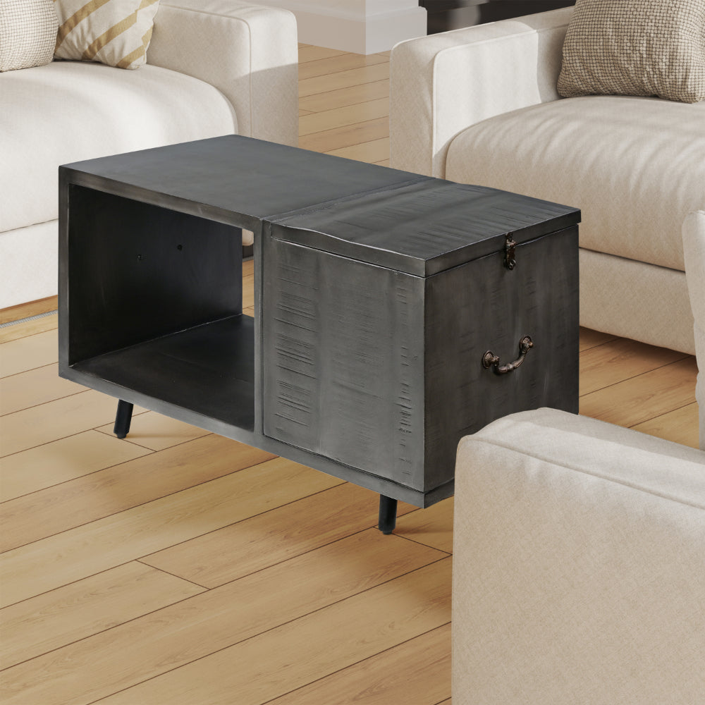 30 Inch Handcrafted Coffee Table with Hinged Lift Top Storage, Open Shelf, and Metal Legs, Charcoal Gray - UPT-272896