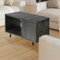 30 Inch Handcrafted Coffee Table with Hinged Lift Top Storage, Open Shelf, and Metal Legs, Charcoal Gray - UPT-272896