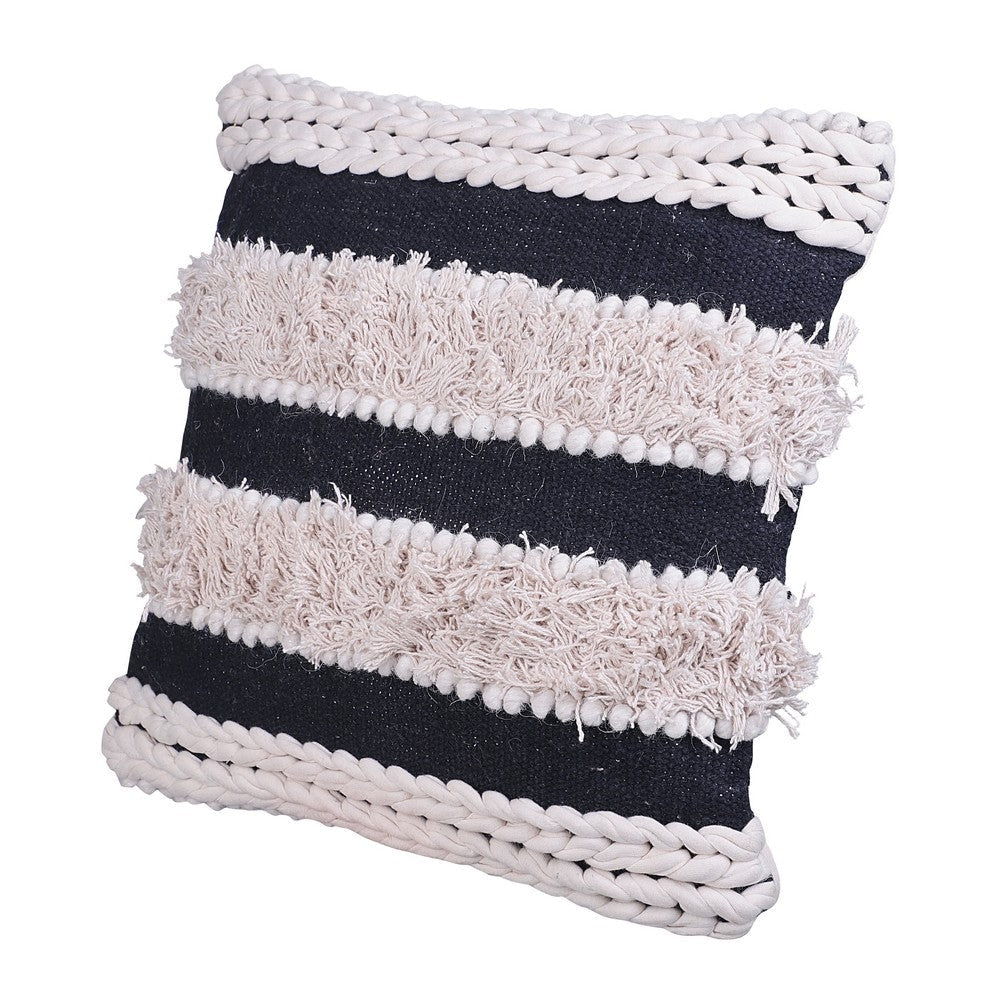 Adiv 18 x 18 Handcrafted Shaggy Cotton Accent Throw Pillows, Handknit Yarn, Set of 2, White, Black By The Urban Port