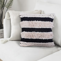 Adiv 18 x 18 Handcrafted Shaggy Cotton Accent Throw Pillows, Handknit Yarn, Set of 2, White, Black By The Urban Port