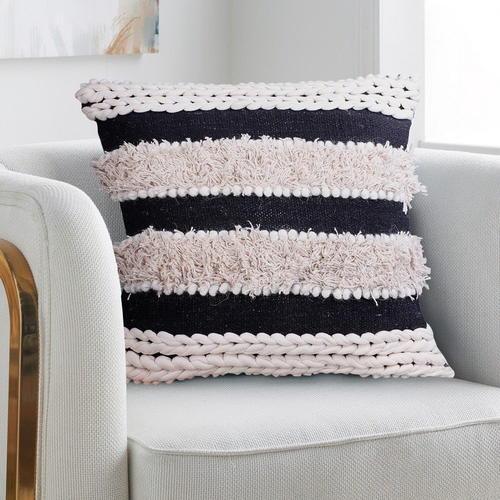 Adiv 18 x 18 Handcrafted Shaggy Cotton Accent Throw Pillows, Handknit Yarn, Set of 2, White, Black By The Urban Port