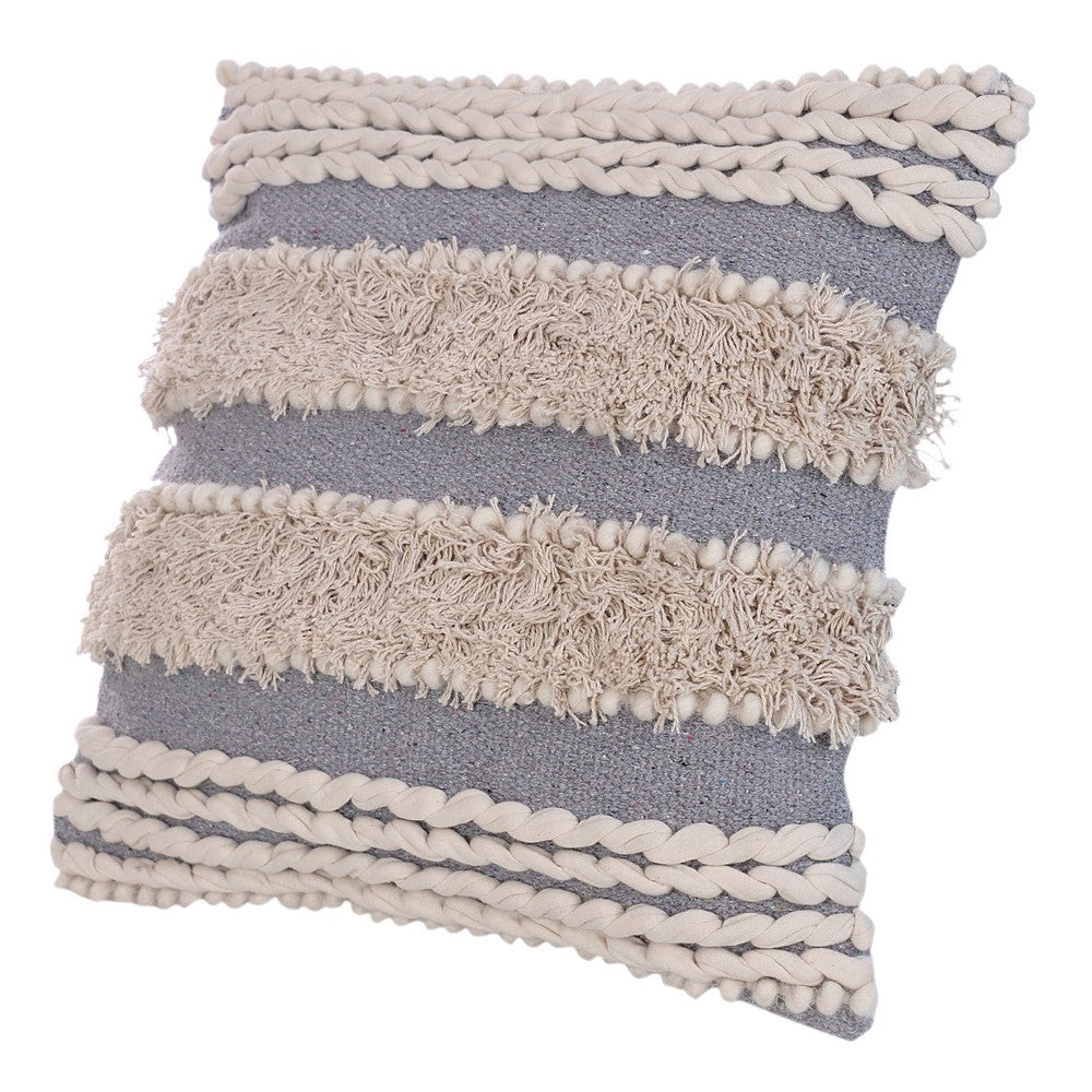 Adiv 18 x 18 Handcrafted Shaggy Cotton Accent Throw Pillows, Woven Yarn, Set of 2, Beige, Gray By The Urban Port