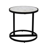 Beri 18 Inch Side End Table, Round White Natural Marble Top, Classic Slim Black Iron Frame- UPT-273465