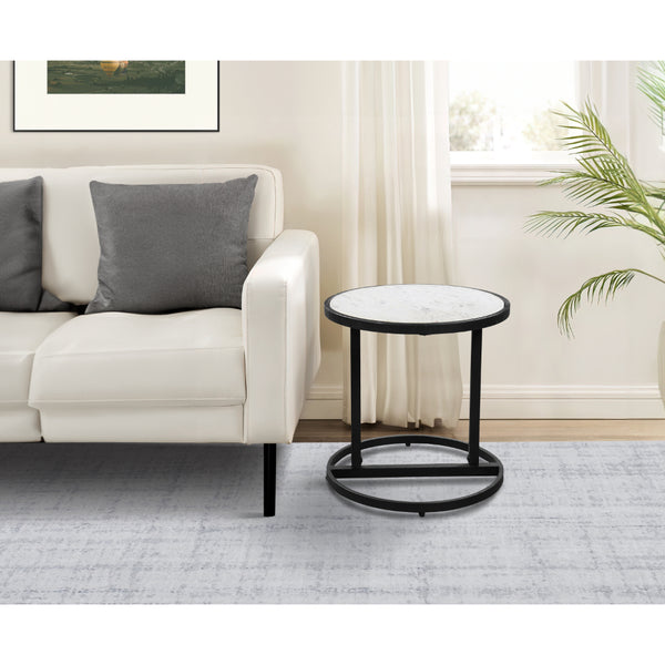 Beri 18 Inch Side End Table, Round White Natural Marble Top, Classic Slim Black Iron Frame - UPT-273465