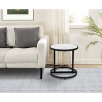 Beri 18 Inch Side End Table, Round White Natural Marble Top, Classic Slim Black Iron Frame- UPT-273465