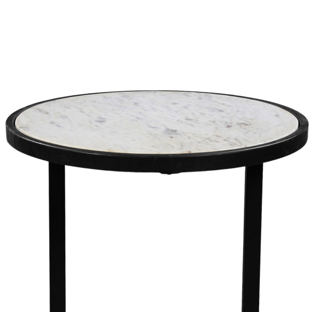 Beri 18 Inch Side End Table, Round White Natural Marble Top, Classic Slim Black Iron Frame- UPT-273465