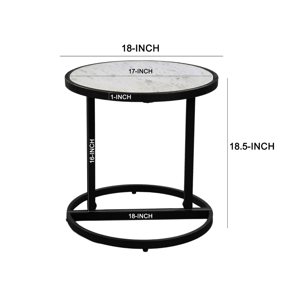 Beri 18 Inch Side End Table, Round White Natural Marble Top, Classic Slim Black Iron Frame- UPT-273465