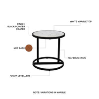 Beri 18 Inch Side End Table, Round White Natural Marble Top, Classic Slim Black Iron Frame- UPT-273465