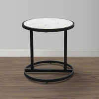 Beri 18 Inch Side End Table, Round White Natural Marble Top, Classic Slim Black Iron Frame- UPT-273465