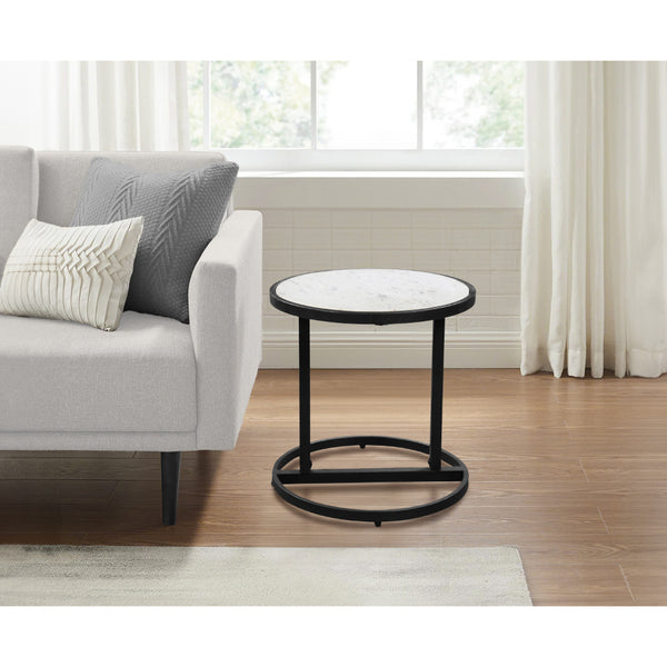 Beri 18 Inch Side End Table, Round White Natural Marble Top, Classic Slim Black Iron Frame - UPT-273465