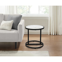 Beri 18 Inch Side End Table, Round White Natural Marble Top, Classic Slim Black Iron Frame- UPT-273465