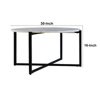 Ivy 30 Inch Marble Top Round Coffee Table with Metal Frame, White and Black - UPT-273474