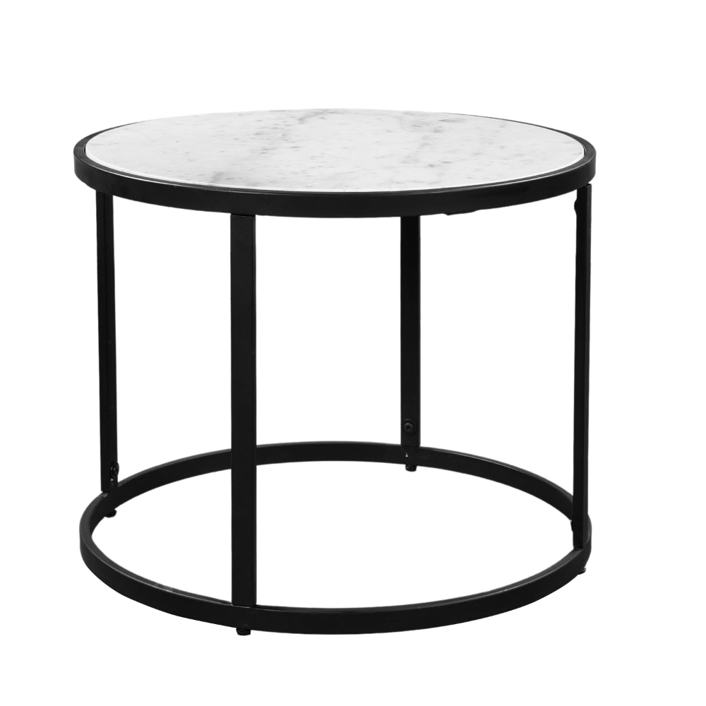 23 Inch Side End Table, Modern Round White Natural Marble Top, Classic Black Iron Frame - UPT-273475