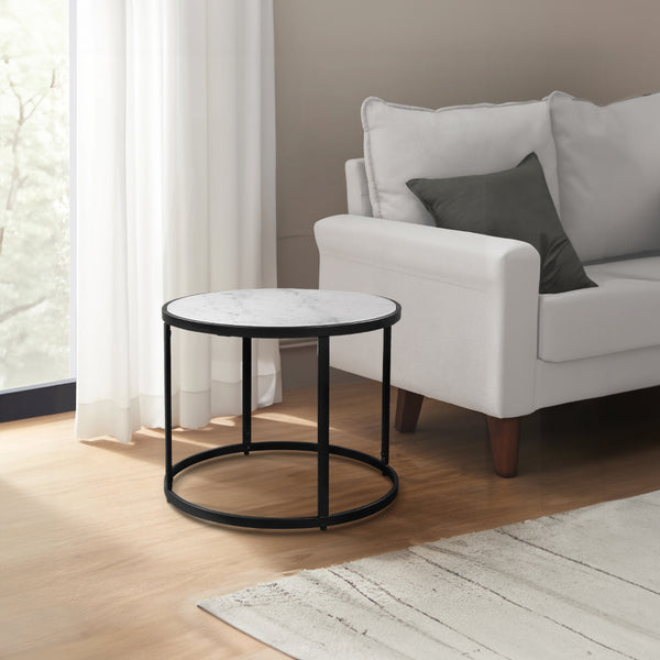 23 Inch Side End Table, Modern Round White Natural Marble Top, Classic Black Iron Frame - UPT-273475