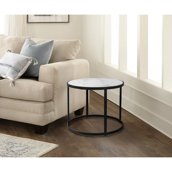 23 Inch Side End Table, Modern Round White Natural Marble Top, Classic Black Iron Frame - UPT-273475