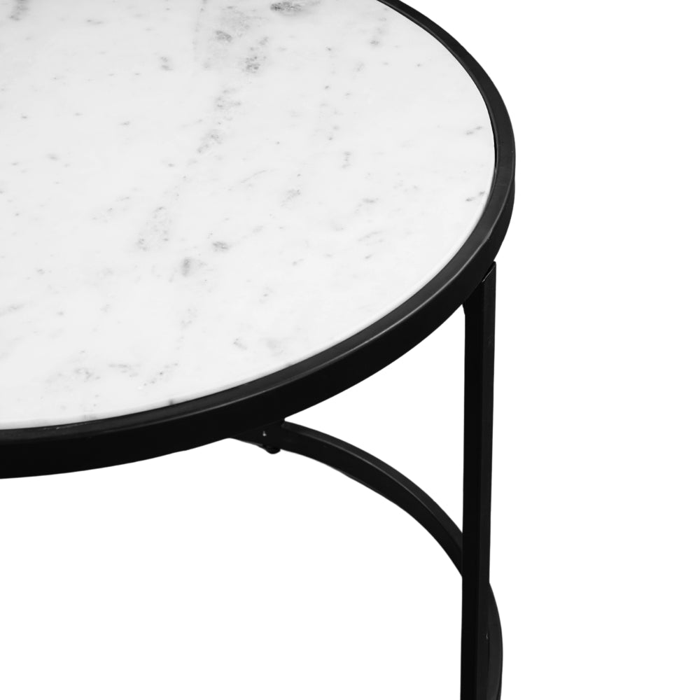 23 Inch Side End Table, Modern Round White Natural Marble Top, Classic Black Iron Frame - UPT-273475