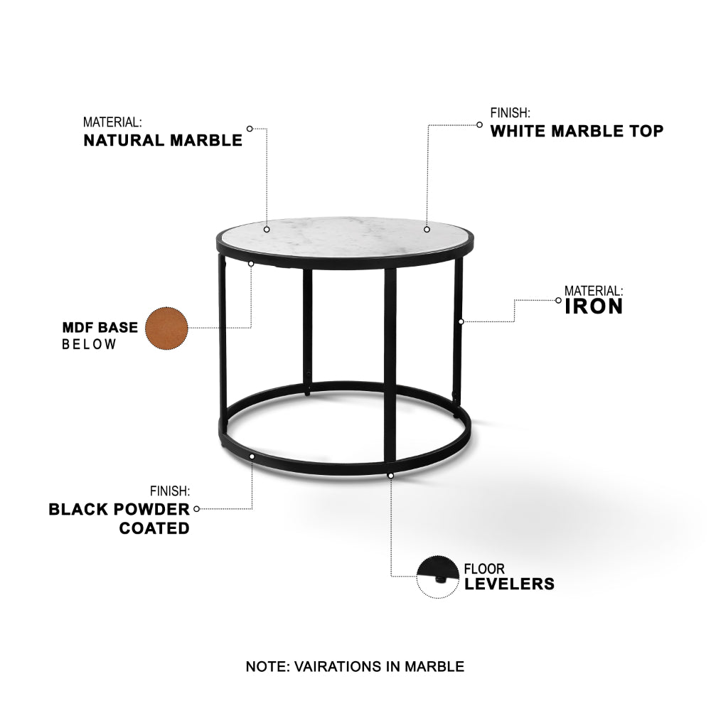 23 Inch Side End Table, Modern Round White Natural Marble Top, Classic Black Iron Frame - UPT-273475