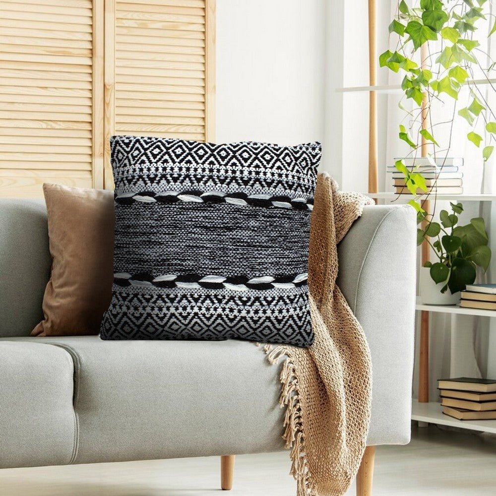 18 x 18 Jacquard Square Decorative Cotton Accent Throw Pillow with Soft Boho Tribal Pattern, Set of 2, Black, White By The Urban Port