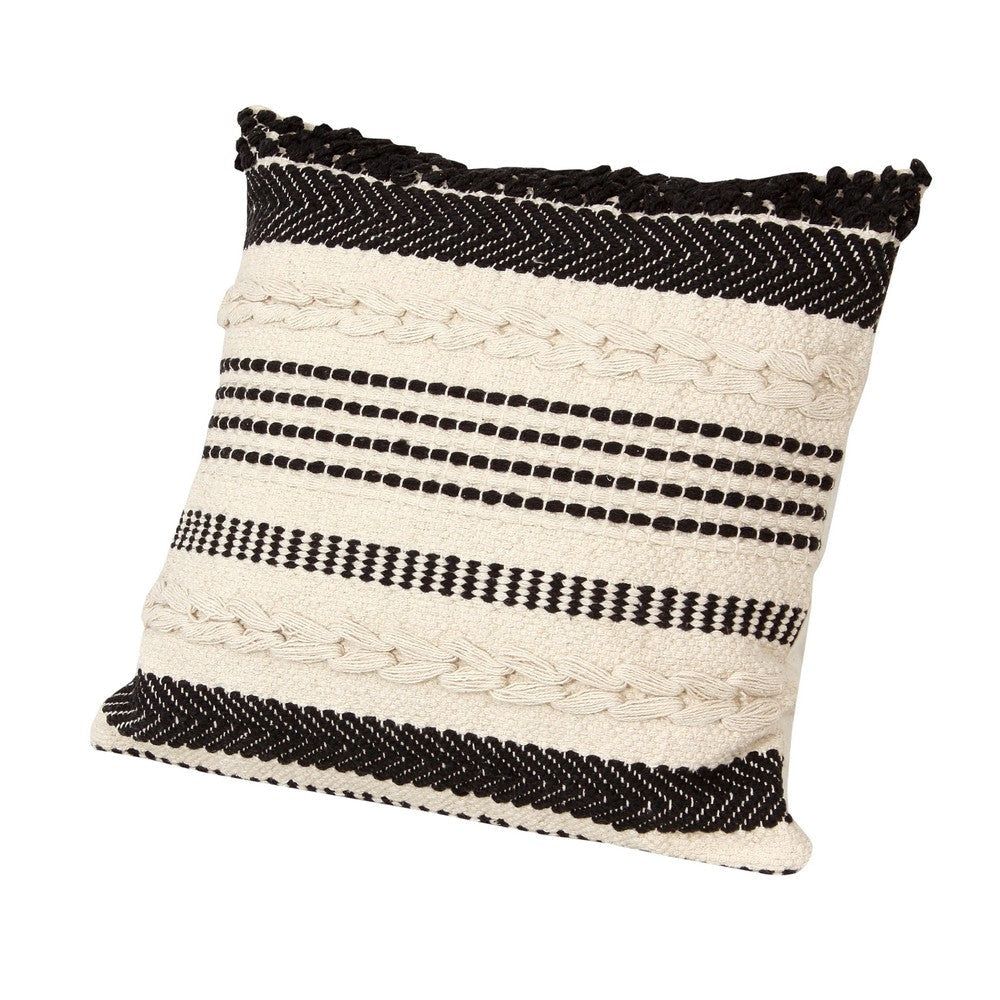 18 x 18 Square Cotton Decor Accent Throw Pillow, Herringbone Design, Embroidery, Cream, Set of 2, Black By The Urban Port