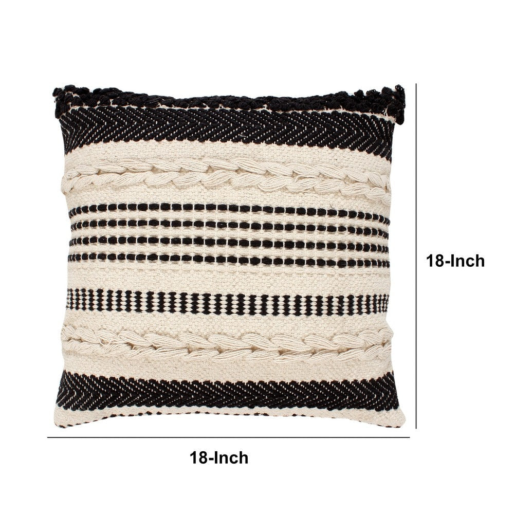 18 x 18 Square Cotton Decor Accent Throw Pillow, Herringbone Design, Embroidery, Cream, Set of 2, Black By The Urban Port