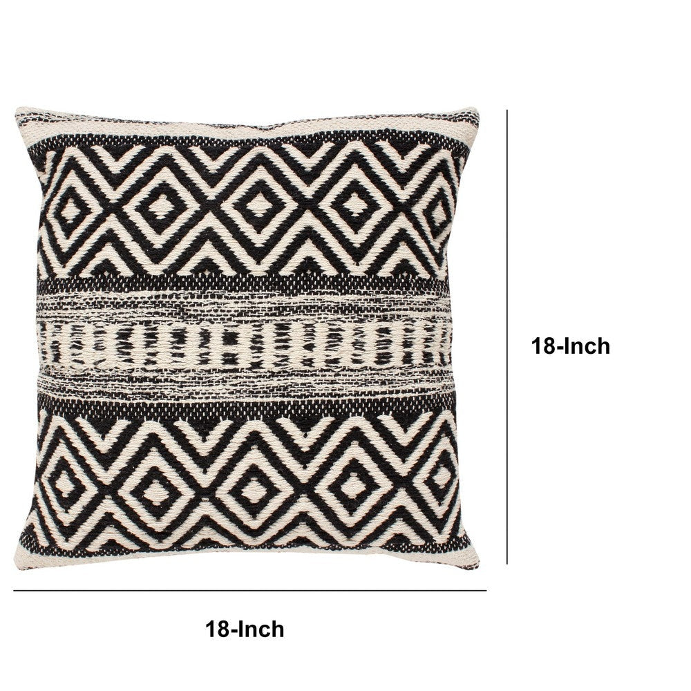 18 x 18 Jacquard Square Cotton Sham Accent Throw Pillow with Boho Diamond Pattern, Set of 2, Black, White By The Urban Port