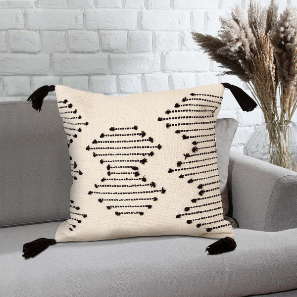 18 x 18 Square Cotton Accent Throw Pillow, Abstract Line Art, Bohemian Style Tassels, Set of 2, White, Black By The Urban Port