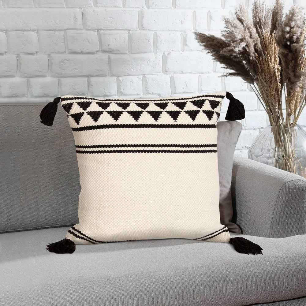 18 x 18 Square Cotton Accent Throw Pillow with Simple Striped Pattern and Tassels, Set of 2, White and Black By The Urban Port