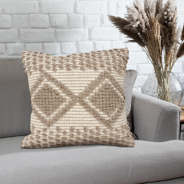 18 x 18 Square Cotton Decorative Accent Throw Pillow, Raised Diamond Embroidery, Set of 2, Beige By The Urban Port