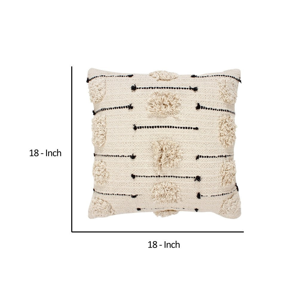 18 x 18 Square Cotton Accent Throw Pillow, Trimmed Shaggy Fringe Accents, Set of 2, Beige, Black By The Urban Port