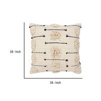 18 x 18 Square Cotton Accent Throw Pillow, Trimmed Shaggy Fringe Accents, Set of 2, Beige, Black By The Urban Port