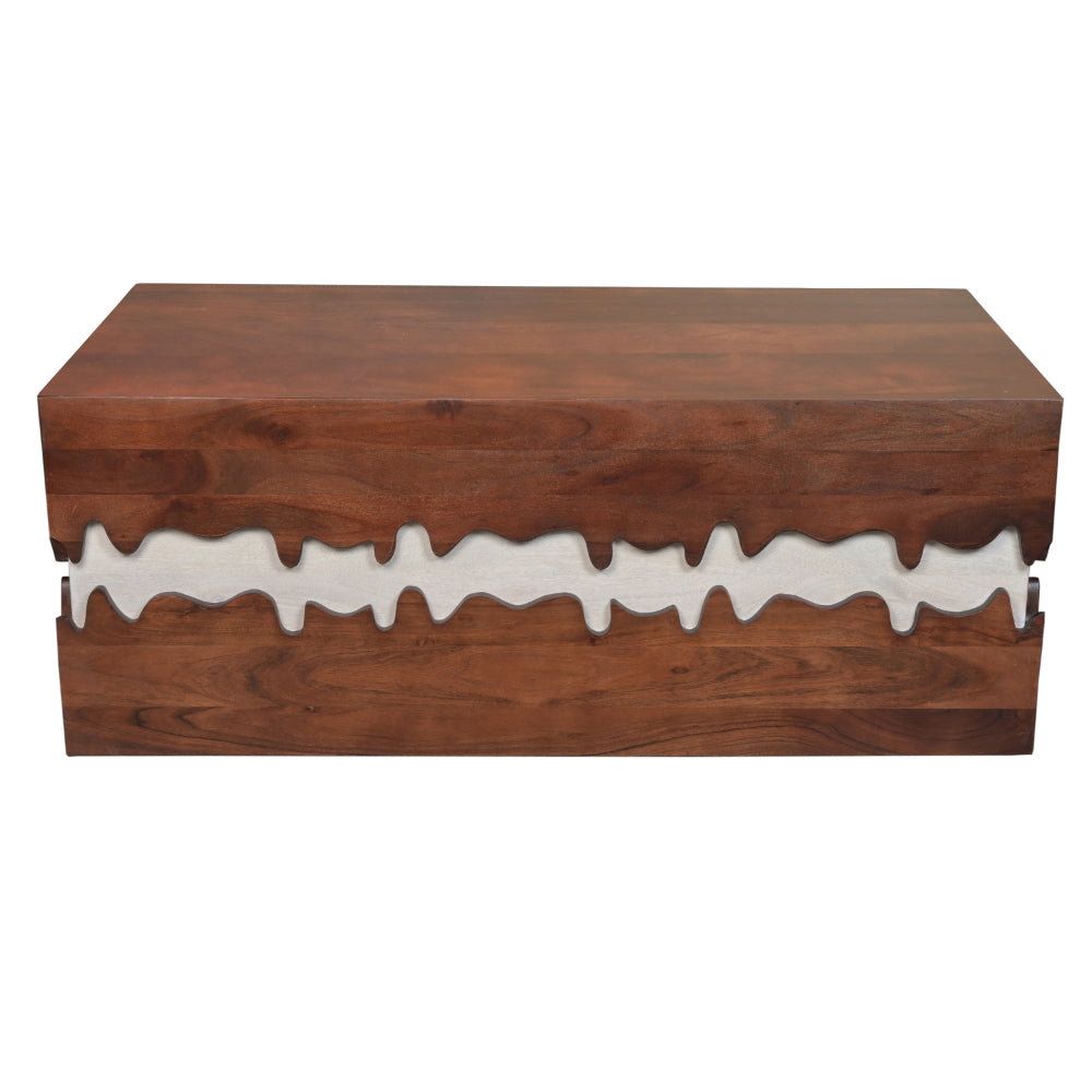 Allen 45 Inch Acacia Wood Coffee Table, Artistic Wavy Design, Walnut Brown and Off White - UPT-274768