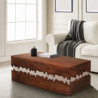 Allen 45 Inch Acacia Wood Coffee Table, Artistic Wavy Design, Walnut Brown and Off White - UPT-274768