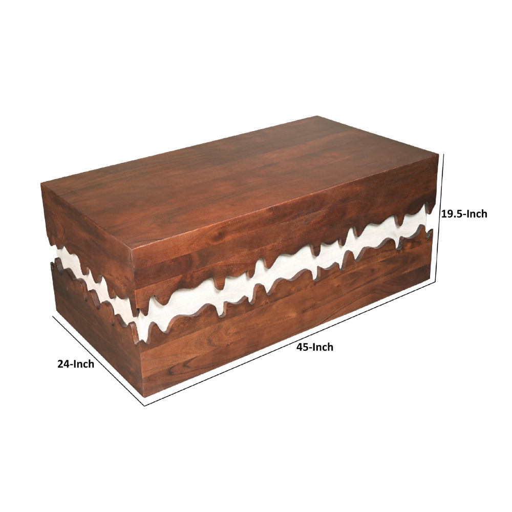 Allen 45 Inch Acacia Wood Coffee Table, Artistic Wavy Design, Walnut Brown and Off White - UPT-274768